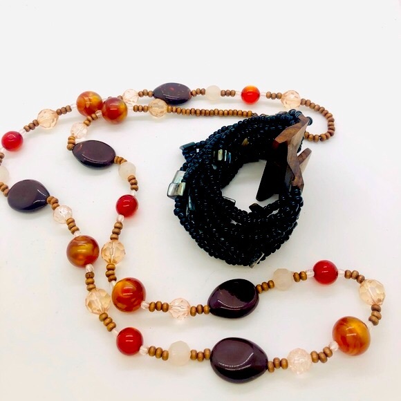 Vintage Glass Bead Necklace & Multi Strand Wood Buckle Bracelet - Picture 6 of 15
